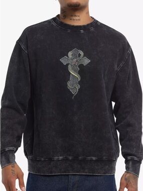 Hot Topic Acid Wash Snake Cross Graphic Sweatshirt Black Grunge Heavy Metal XL